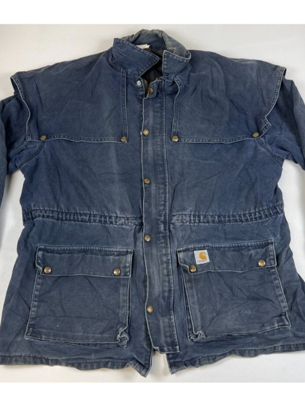 Rare VTG Carhartt CW083 Navy Blue Cape Coat Blanket Lined Duster Jacket XL